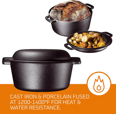 2-In-1 Pre-Seasoned Cast Iron Dutch Oven with Handles - Crock Pot Black Cast Iron Pot with Skillet Lid - All-In-One Cookware Braising Pan for Casserole Dish - 5 Quart - Black