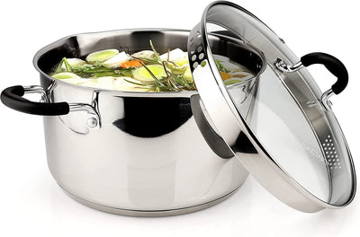 Stainless Steel Stockpot with Glass Strainer Lid, 6 Quart Pot, Saucepan Cookware, Side Spouts, Multipurpose Stock Pot, Sauce Pot, Soup Pot in Our Pots and Pans, Induction Pan (6QT)