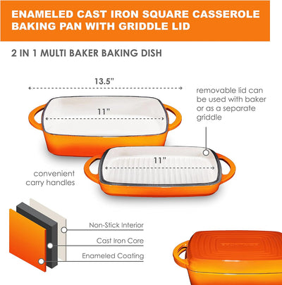 2-In-1 Square Enamel Cast Iron Dutch Oven with Handles, Pumpkin Spice Cast Iron Skillet, Enamel All-In-One Cookware Set, Braising Pan for Casserole Dish, Crock Pot Covered with Cast Iron