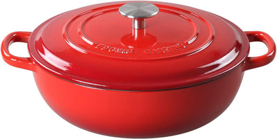 Enameled Cast Iron Dutch Oven Shallow Casserole Braiser with Dual Handle, 5.9-QT, Red