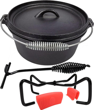 Pre-Seasoned Cast Iron Camp Dutch Oven, 4.1 Qt, Including Lid Lifter, Lid Stand and Silicone Handle Holders