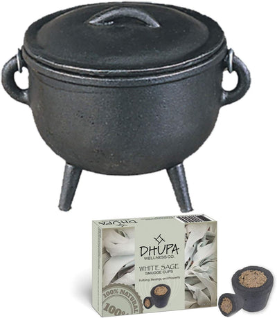 Cast Iron Cauldron with Lid and Carry Handle for Spells, Smudging, Ritual & Blessings | Includes 6 Free Incense Smudge Cups (4.5 Inch, Black)