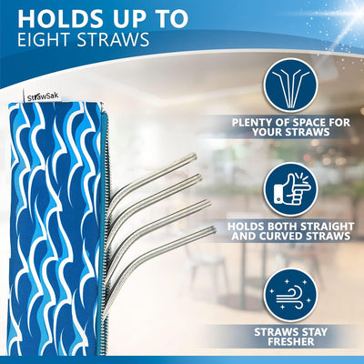 Straw Case for Reusable Straws (Metal Straws, Silicone Straws, Glass Straws), Cutlery, Silverware, Utensils - Easy to Clean Reusable Straw Pouch - Blue Waves - 10.5 Inch - by Strawsak