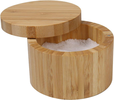 Bamboo Salt Box with Magnetic Swivel Lid, 8.5Oz round Spice Container, Secure Durable Storage & Organization for Seasonings, Herbs