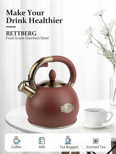 Tea Kettle for Stovetop Whistling Tea Kettles Retro Red Stainless Steel Teapots, 2.64 Quart (Frosted Red)