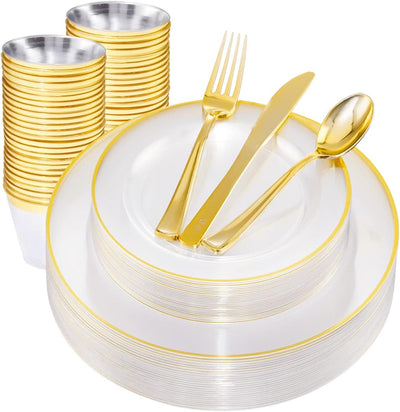 SUT 150 PCS Gold Plastic Plates, Disposable Clear Gold Dinnerware Set with Cups, Includes: 25 Dinner Plates, 25 Dessert Plates, 25 Cutlery, 25 Cups, Prefect for Party, Wedding & Shower
