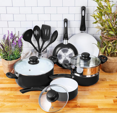 Ceramic Cookware | 16-Piece Nonstick Cookware Set with Induction Base, Softgrip Handles & Clear Glass Lids | Compatible with Induction, Ceramic, Gas, Electric & Halogen Cooktops | Black