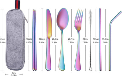 Portable Travel Reusable Lunch Utensils Set with Case Chopsticks for Adults, Portable Reusable Comping Silverware Cutlery Set Metal Travel Eco Friendly with Case Straw Chopsticks for Lunch Box,Rainbow