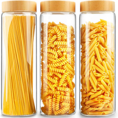 Airtight Glass Jars with Screw on Bamboo Lids, 3Pcs 80Oz Kitchen Glass Canisters Sets for Countertop and Pantry, Glass Food Storage Containers with Lids for Cookie, Pasta, Cereal, Flour Sugar