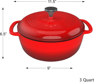 Cast Iron Dutch Lid 3 Quart Enamel Coated Oven or Stovetop-For Soup, Chicken, Pot Roast and More-Kitchen Cookware, Red
