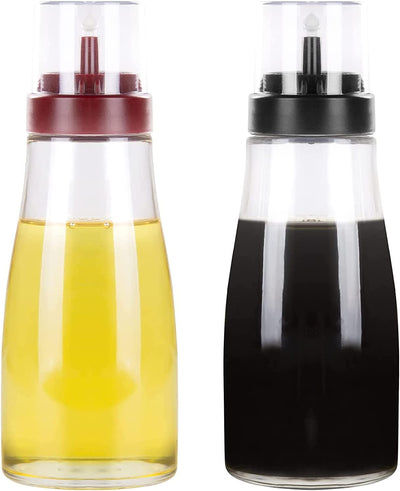 Olive Oil and Vinegar Dispenser Set, Oil Dispenser 10OZ Glass Cruet Bottles for Kitchen Cooking, No Drip Tops, Vinegar Dispenser, Oil Dispenser Bottle (Black +Red)