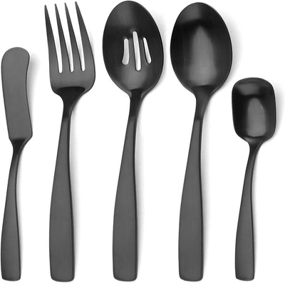 Serving Utensils Set, Matte Black 5-Piece Hostess Set, Stainless Steel Silverware Flatware Cutlery Serving Set, Satin Finish, Dishwasher Safe