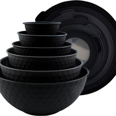 Mixing Bowls with Lids - 12 Piece Plastic Nesting Bowls Set Includes 6 Prep Bowls and 6 Lids, Non Slip Bottom and Embossed Design - Microwave Safe (Black)