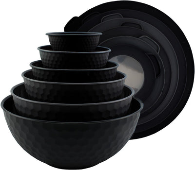 Mixing Bowls with Lids - 12 Piece Plastic Nesting Bowls Set Includes 6 Prep Bowls and 6 Lids, Non Slip Bottom and Embossed Design - Microwave Safe (Black)