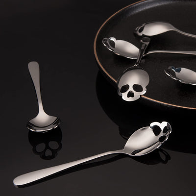 6 Pack Skull Spoons, 5.9-Inch Coffee Tea Stirring Spoons, Stainless Steel Teaspoons, Skull Sugar Spoon Cutlery Set, Bar Spoons, Cool Gothic Design for Halloween, DARK & ROCK Collectors