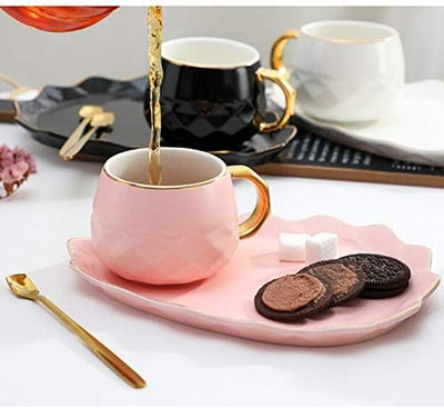 Nordic Coffee Cup Spoon and Tray Set,Diamond-Shaped Ceramic Tea Cup with Spoon,Breakfast Cup and Cutlery Set,Mug,Cup,Suitable for Hot and Cold Drinks of Coffee,Tea,Juice,Milk,(3Piece Set250Ml) (2)