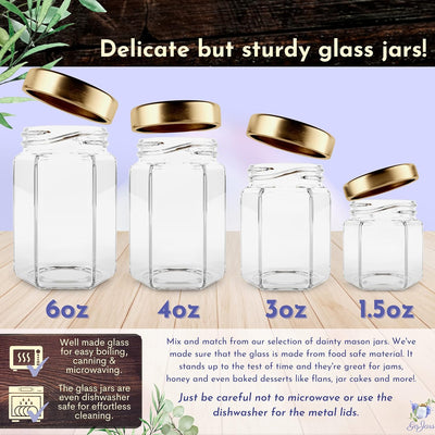 Hexagon Glass Jars 3Oz Premium Food-Grade. Mini Jars with Lids for Gifts, Wedding Favors, Honey, Jams and More. (24, 3Oz)