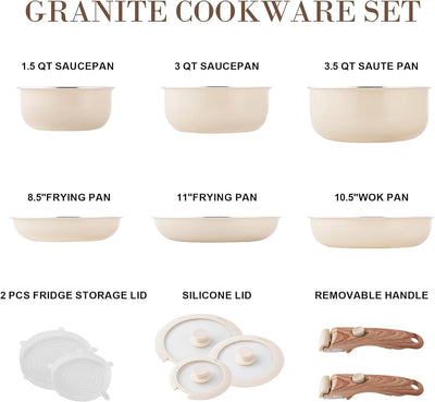 Nonstick Cookware Set -  Stackable Pots and Pans Set Detachable Handle Camping Cookware Granite Kitchen Cookware Sets Removable Handle, Non Toxic Nonstick Frying Pans for Cooking Set Gift Beige