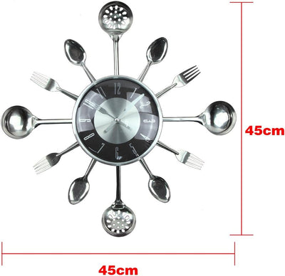 Large Wall Clock, 18" Metal Kitchen Cutlery Utensil Spoon Fork Wall Clock Creative Modern Home Decor Antique Style Wall Watch (Blue)