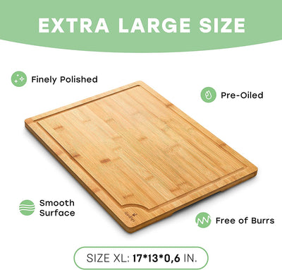 Turkey Cutting Board – 17 X 13 X 0.6 Inch Extra Large Bamboo Carving Board – All Natural Wood Board for Kitchen – Eco-Friendly and Durable – Easy to Wash