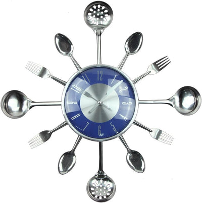 Large Wall Clock, 18" Metal Kitchen Cutlery Utensil Spoon Fork Wall Clock Creative Modern Home Decor Antique Style Wall Watch (Blue)