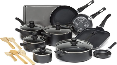 Easy Clean Nonstick Cookware Set, Dishwasher Safe Kitchen Pots and Pans Set, Comfort Grip Handle, Even Heating, Ultimate Food Release, 20-Piece, Black