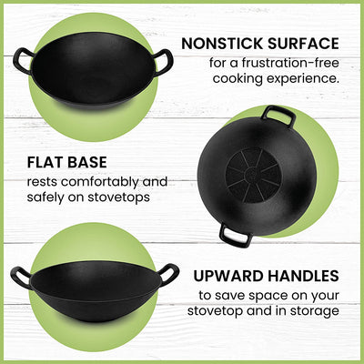 Pre-Seasoned Cast Iron Wok with 2 Handled and Wooden Lid (14 Inches) Nonstick Iron Deep Frying Pan with Flat Base for Stir-Fry, Grilling, Frying, Steaming - for Authentic Asian, Chinese Food