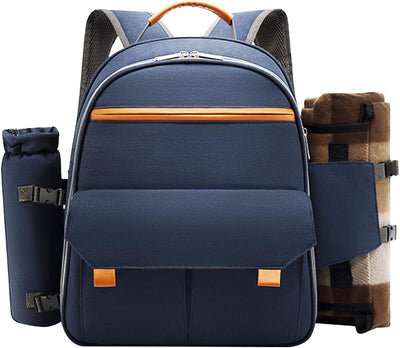 Picnic Backpack for 4 with Insulated Cooler Compartment,Picnic Cooler Bag,Picnic Basket Sets with Detachable Wine Holder Waterproof Pouch,Waterproof Fleece Blanket and Full Stainless Cutlery Set