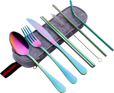 Portable Travel Reusable Lunch Utensils Set with Case Chopsticks for Adults, Portable Reusable Comping Silverware Cutlery Set Metal Travel Eco Friendly with Case Straw Chopsticks for Lunch Box,Rainbow