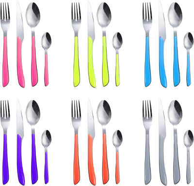 24PCS Colored Flatware Set Stainless Steel Silverware Cutlery Utensil with Colorful Handles for Home Kitchen Hotel Restaurant Service for 6 Dishwasher Safe