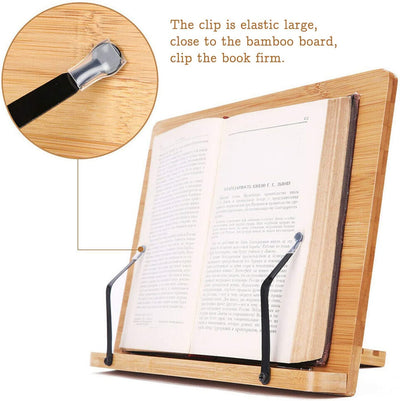 Book Holder, Book Stand Bamboo Cookbook Stand with 5 Adjustable Height Hands Free Book Holder Stand for Reading & Desk & Display (Simple Style)