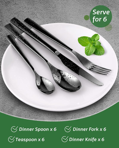 Black Silverware Set, OGORI 24-Piece Black Forged Stainless Steel Flatware Set, Service of 6