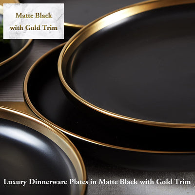 Matte Black Porcelain Dinner Plates of 6, 10.5 Inch, Luxury Design with Handcrafted Gold Trim, Easy to Clean, Great Durability for Salad/Pasta/Steak/Cake, Chip Resistant, Lead-Free & Bpa-Free