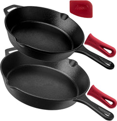 Cast Iron Skillets Set - 10" + 12"-Inch Pre-Seasoned Frying Pans + Removable Silicone Handle Holder Grips + Pan Scraper - Oven-Safe Cookware Kit + Accessories + Handle Helper
