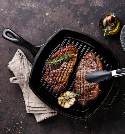 Pre-Seasoned 10 Inch Black Square Cast Iron Pan | Indoor Grill | Cast Iron Skillet Flat Top Grill with Easy Grease Draining for Grilling Bacon, Steak, and Meats, Stove and Microwave Safe