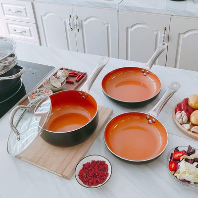 9 Pieces Copper Nonstick Pans Pots Ceramic Cookware Set Copper Pans and Pots Nonstick Pots and Pans Copper Nonstick Cookware, Ceramic Pot and Pans, Copper Pots and 4 Set Cooking Utensils