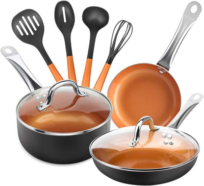 9 Pieces Copper Nonstick Pans Pots Ceramic Cookware Set Copper Pans and Pots Nonstick Pots and Pans Copper Nonstick Cookware, Ceramic Pot and Pans, Copper Pots and 4 Set Cooking Utensils