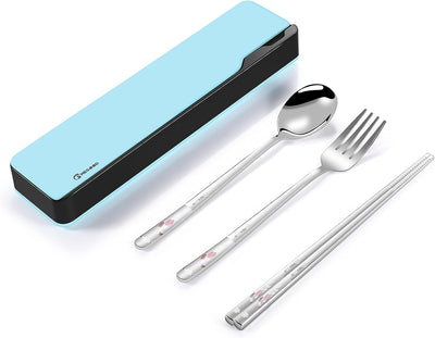 Reusable Utensils Set with Case,Spoon Fork Chopsticks Cutlery,Color Laser Engraving Pattern (Blue)