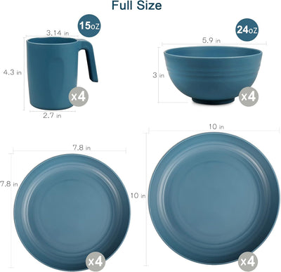 Plastic Dinnerware Sets (16PCS) - Lightweight & Unbreakable Dinnerware Set - Microwave Safe Plates Set, Bowls, Cups Mugs, Service for 4, Great for Kids & Adult