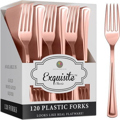 120 Pack Rose Gold Plastic Forks Heavy Duty - Rose Gold Disposable Silverware - Rose Gold Plastic Silverware - Rose Gold Forks Disposable Plastic Cutlery - for Catering, Parties, Weddings .