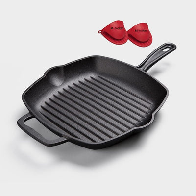 Cast Iron Heavy-Duty Pre-Seasoned Skillet Perfect for Beef Steak - 11 Inch Fry Pan with Two Silicone Handles