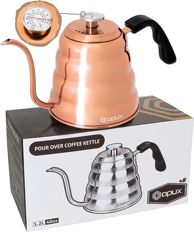 Pour over Coffee Kettle with Gooseneck | Stainless Steel Coffee Tea Kettle with Thermometer 40 Oz, Stovetop Induction Goose Necked Kettle Slow Pour Drip Spout (1.2 Liter, 40 Fl Oz) Copper