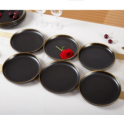 Matte Black Porcelain Dinner Plates of 6, 10.5 Inch, Luxury Design with Handcrafted Gold Trim, Easy to Clean, Great Durability for Salad/Pasta/Steak/Cake, Chip Resistant, Lead-Free & Bpa-Free