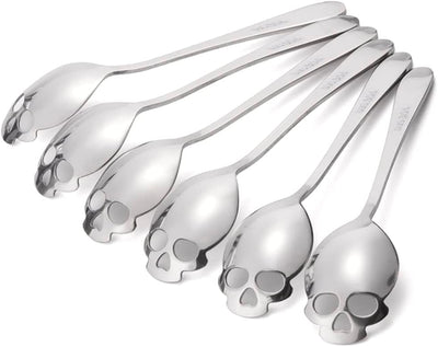 6 Pack Skull Spoons, 5.9-Inch Coffee Tea Stirring Spoons, Stainless Steel Teaspoons, Skull Sugar Spoon Cutlery Set, Bar Spoons, Cool Gothic Design for Halloween, DARK & ROCK Collectors