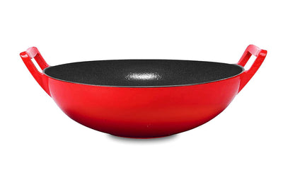 14 Inch Enameled Cast Iron Wok/Pot. 14" Nonstick Enamel Skillet Pan with Large Loop Handles & Flat Base. Cookingware for Kitchen/Indoor/Outdoor Camping. (Red)