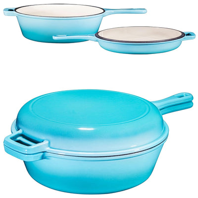 2-In-1 Blue 3 Quart Pre-Seasoned Cast Iron Dutch Oven with Handle, Mini Cast Iron Skillets with Handle | All-In-One Pioneer Woman Cookware |Braising Frying Pan | for Camping | Outdoor Use.