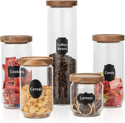 Glass Storage Containers Set, High Borosilicate Glass Jars with Wooden Lids Kitchen Food Canisters S for Coffee Beans/Sugar/Noodles/Nuts/Cookies/Pasta