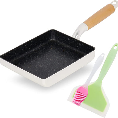 Nonstick Tamagoyaki Pan, Japanese Omelette Pan, Non-Stick Egg Roll Pans, Retangle Tamago Pan, Small Frying Pan with Silicone Spatula Brush, 7” X 5” White