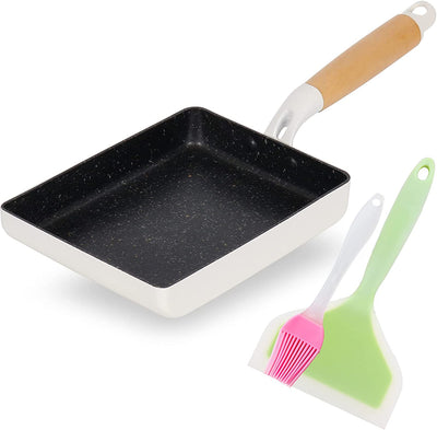 Nonstick Tamagoyaki Pan, Japanese Omelette Pan, Non-Stick Egg Roll Pans, Retangle Tamago Pan, Small Frying Pan with Silicone Spatula Brush, 7” X 5” White