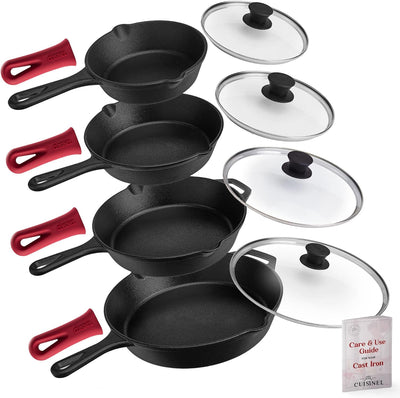 6"+8"+10+12"-Inch Cast Iron Skillets Set + Glass Lids + Silicone Handle Grips - Pre-Seasoned Frying Pan - Oven Cookware - Use Indoor/Outdoor, Grill, Stovetop, Fire, Camping, Kitchen